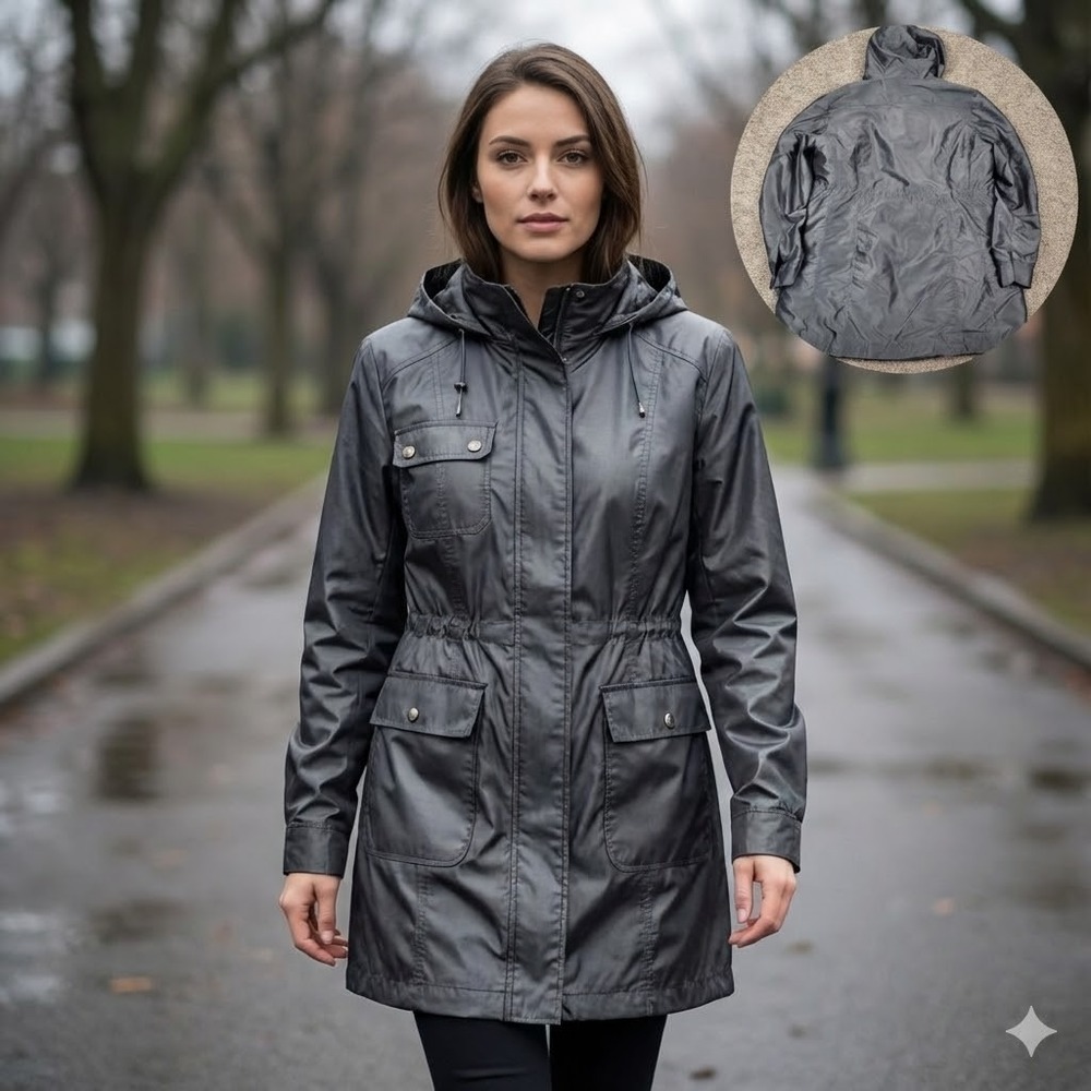 Pendleton Women's P74340 Hooded Parka Coat Grey Mid-Length Rain Jacket Large